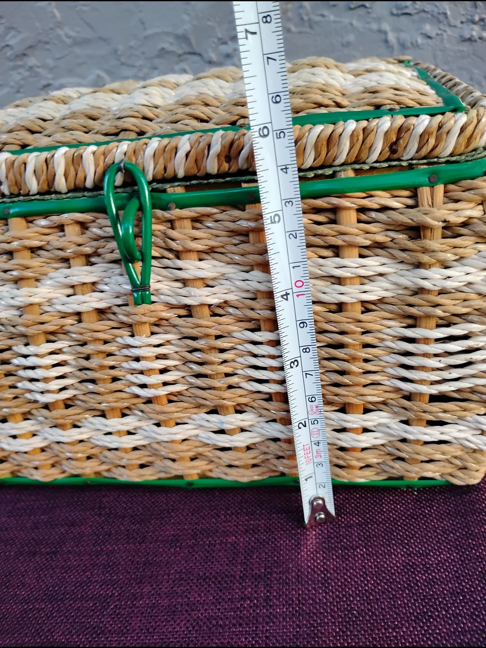 Vtg Wicker Sewing Basket Woven Beige  w/Green Lining Mid Century Made in Japan